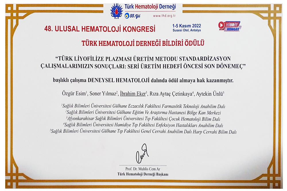 48. Ulusal Hematoloji Kongresi Türk Hematoloji Derneği Bildiri Ödülü Sertifikası